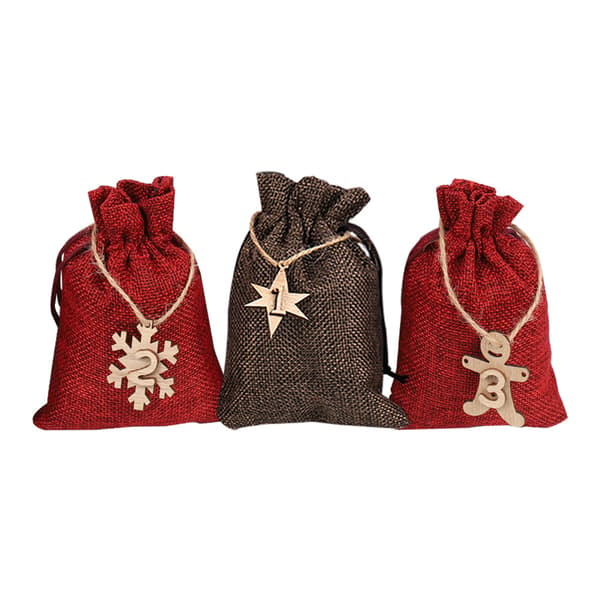Jute lærredspose til gør-det-selv julekalender, adventskalenderpose julepose, julekalenderpose med træmærker, til nedtælling til jul