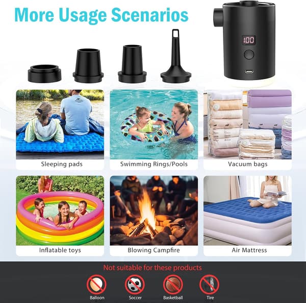 2025 Seneste Model Bærbar Luftpumpe til Oppustelige Genstande, Mini Luftmadraspumpe med Campinglampe LED-Display, USB Genopladelig Luftpu-FX-