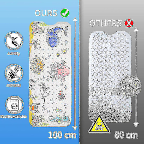 Mng Halkfri bademåtte 100x40cm, Anti-skrid badekar måtte med 200 sugekopper Pvc-materiale, brusemåtte med tegneserie havdyr til børn og baby---P7-