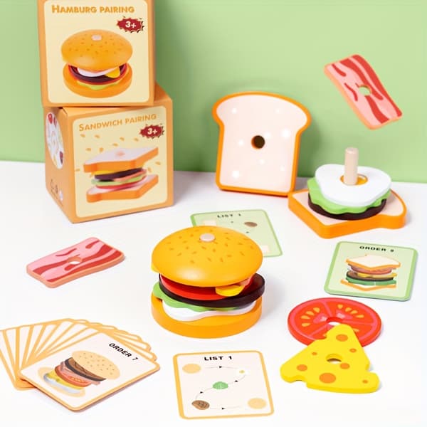 Træ Hamburger Sandwich Matchende Legetøjssæt til Børn-FX-