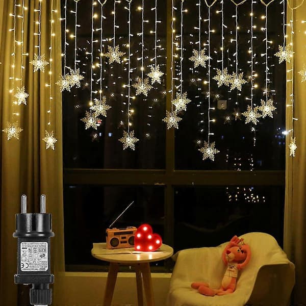 94 LED Snowflake String Lights 31V Warm White Waterproof 8 Lighting Modes String Lights with Timer Indoor Outdoor Window Christmas Decoration-FX-