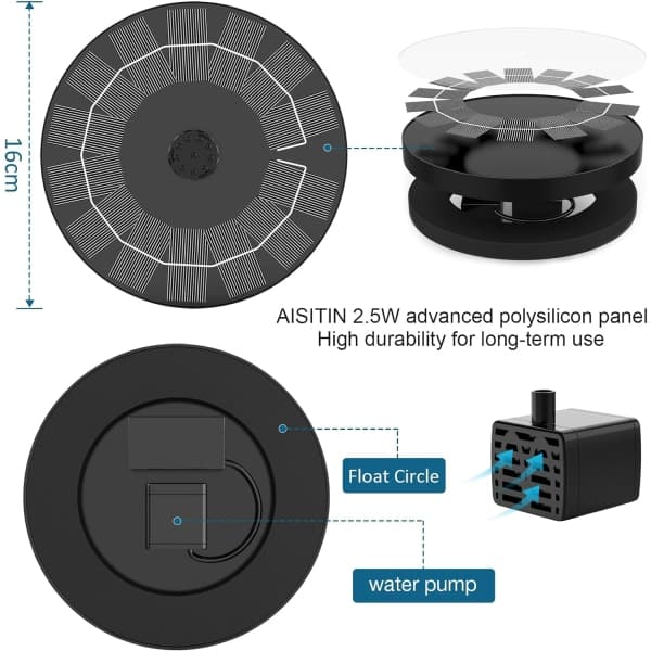 2,5W Solar Powered Fountain with Solar Panel, Solar Powered Pond Pump with 6 Nozzles, Floating Solar Powered Fountain Pump for Garden-FX- 2.5W-2PCS