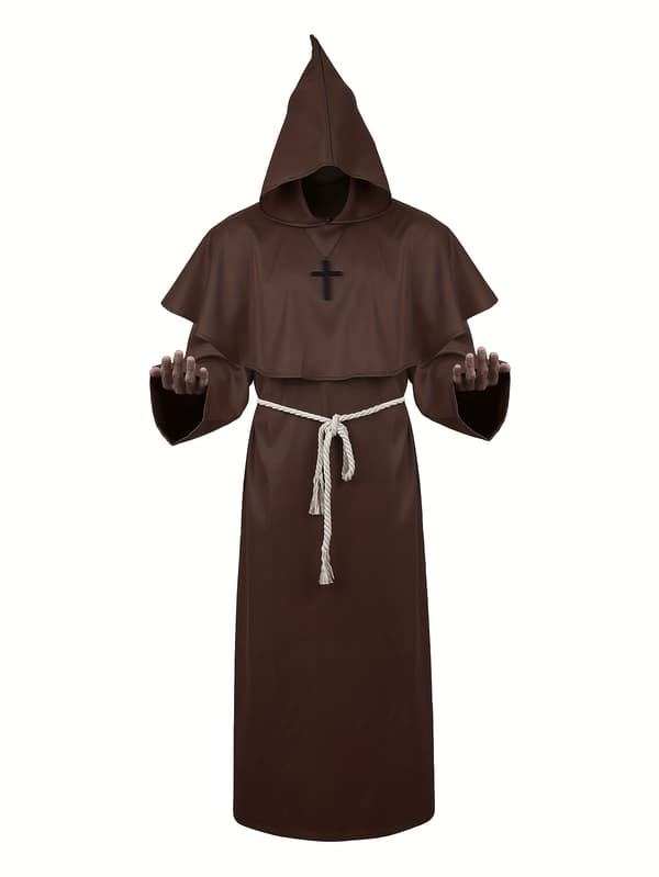 Hætteklædt middelalderlig præstekappe kostume til mænd, polyester renæssancekappe med bælte M Dark Brown