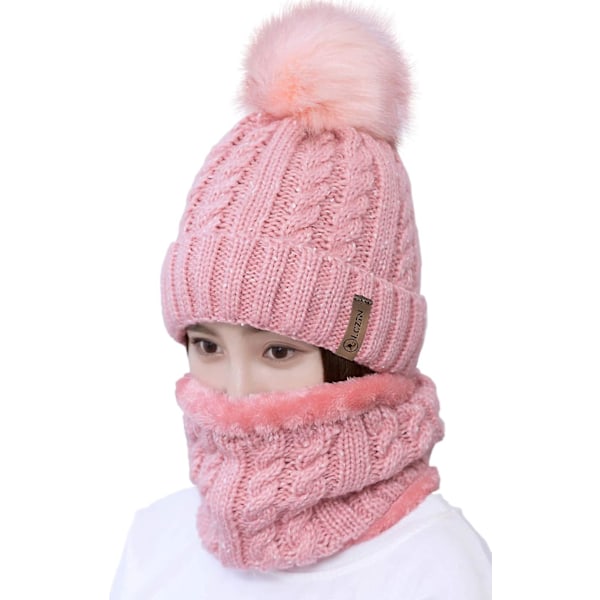 Dam Pom Pom Mössa Halsduk Set Flickor Vinter Skidmössa Slouchy Stickad Mössa Med Fleecefoder (Rosa)