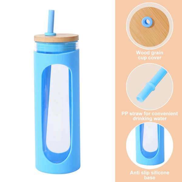 600 ml glaskopp, med bambulock och sugrör, spillsäker glasflaska, med silikonskydd, BPA-fri.【HY】