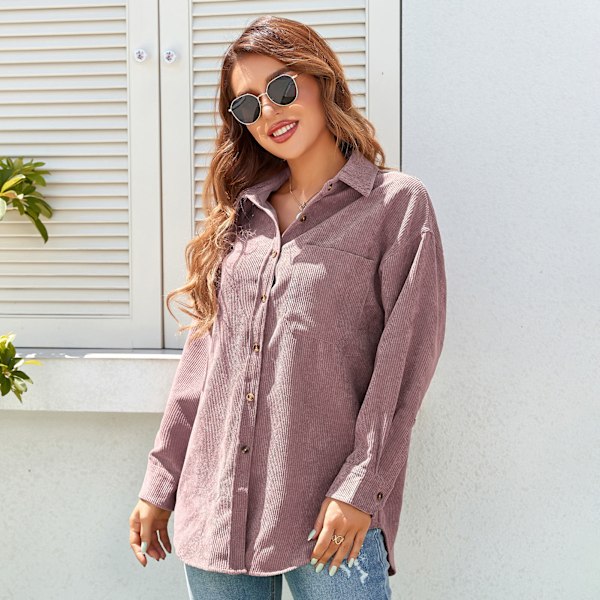 Dame Cordfløyel Skjorte Løs Casual Elegant Ensfarget Langermet Knappelukking Bluse Topper med Lomme Rosa XL 0.3