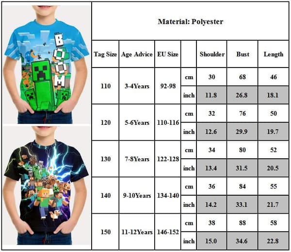 Minecraft-sarjakuvaprinttipaita lapsille, lyhythihainen pyöreä kaula-aukko -FX-