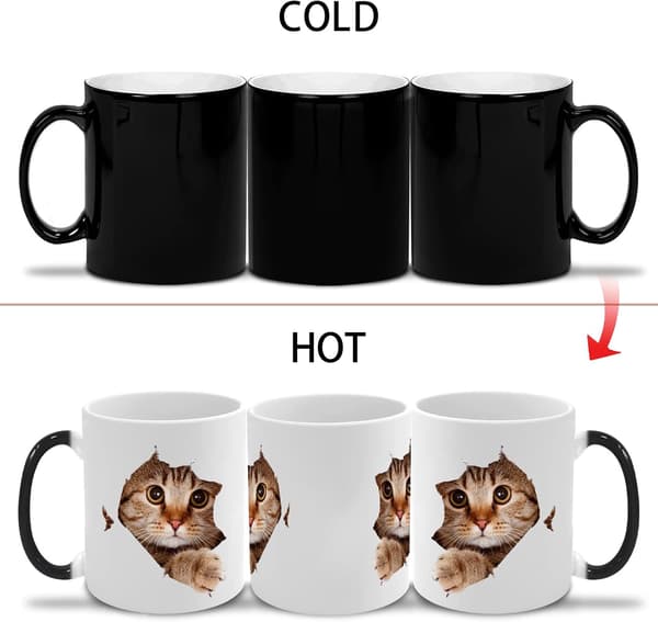 Heat Sensitive Mug, Funny Cat Heat Sensitive Ceramic Coffee Cup, 33 cl Color Changing Coffee Mug, Cute Christmas Gift Mug-FX-
