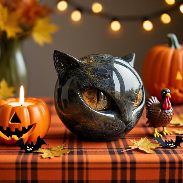 Elegant Sort Kattehoved Skulptur - Harpiks Stenfigur til Boligindretning-FX-