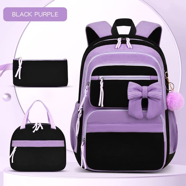 Girls 3-Piece Backpack Set, Includes Lunch Bag and Pencil Case-FX- Black-Purple