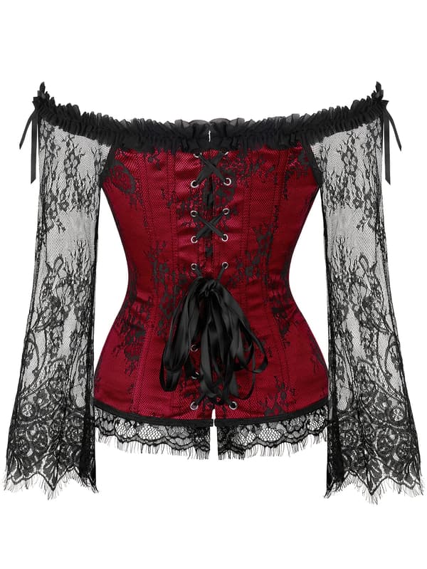 Plus-Size Dame Overbust Korset Bodice Snøre Bustier med Mavekontrol og Blondeærmer 4XL Burgundy