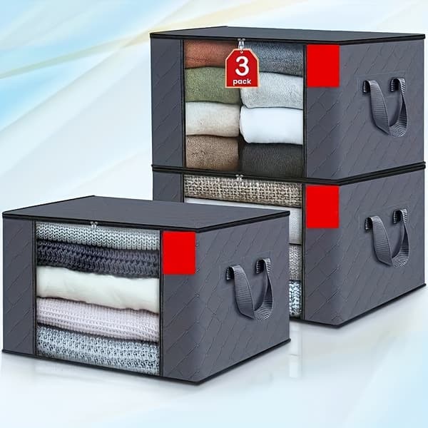 3-pack förvaringsväskor med dragkedja och lock - Vikbar non-woven organizer för sängkläder filtar kuddar 3pcs Dark Gray