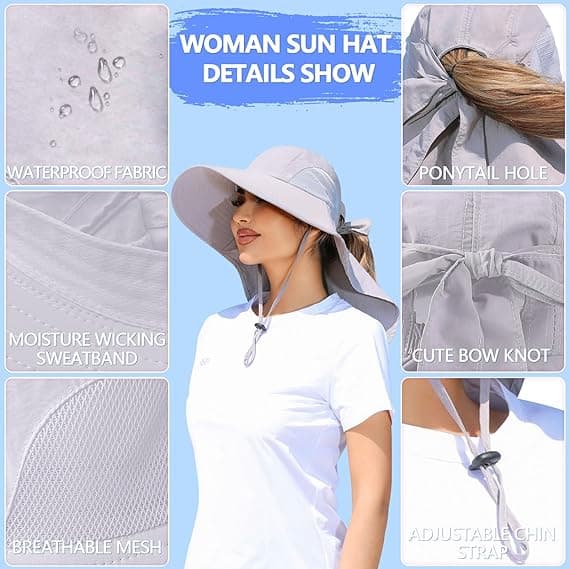 Dam solhatt UV-skydd bred brätte fiskehatt med hästsvanshål nackskydd-FX- Light Grey