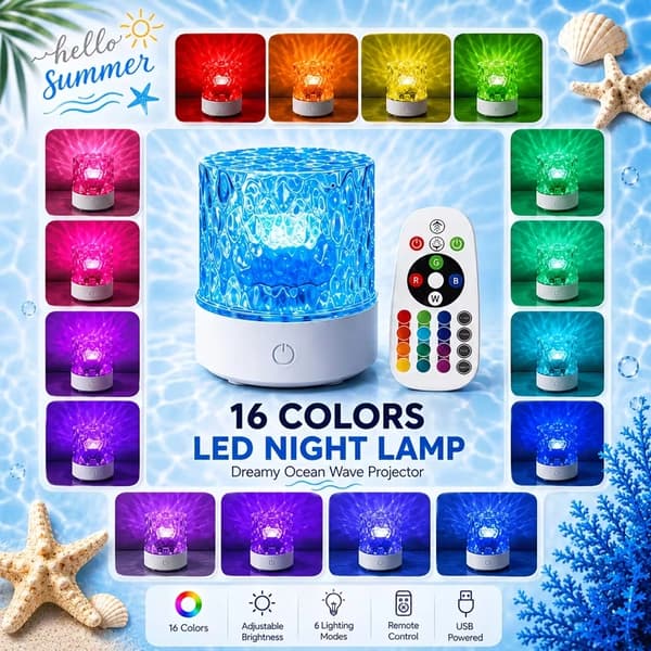 16-färgs dimbar fjärrkontroll nattlampa, vattenvågs-projektionslampa, USB-driven, touchkontroll Multi Colors
