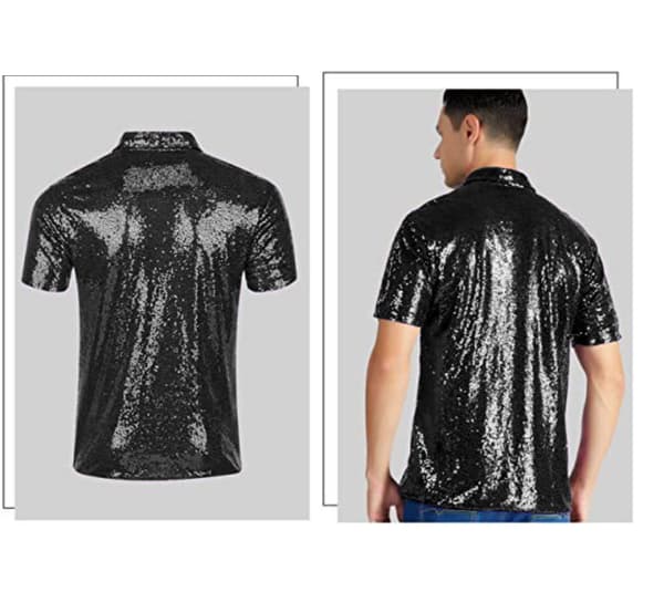 Herrer Glitrende Pailletter Kortærmet Nedfoldet Glitrende Polo T-shirt Sort Black-FX- Black L