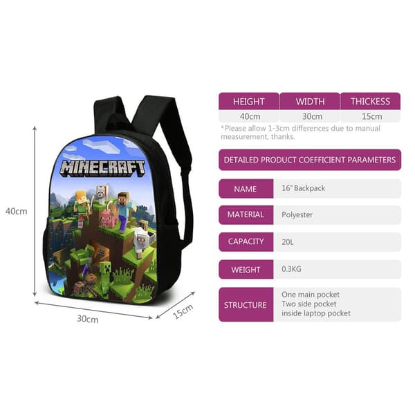 Minecraft Backpack Set with Detachable Lunch Box 3-Piece Set-FX- Q2