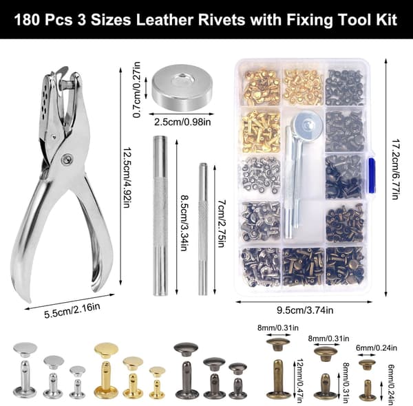 Leather Rivets 180 Pieces 3 Sizes Double Cap Rivets Tubular Metal Studs Rivets, with 3 Pieces Fixing Tools and Hole Punch Pliers-FX-