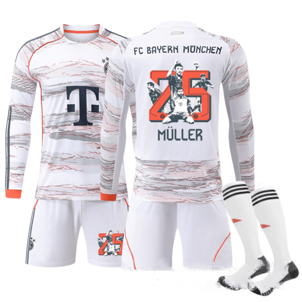 25-26 Bayern München Udebanesæt Langærmet NR.25 Müller Davies Fodboldtrøje Sæt - Efterår Vinter Stil Kit-FX- S