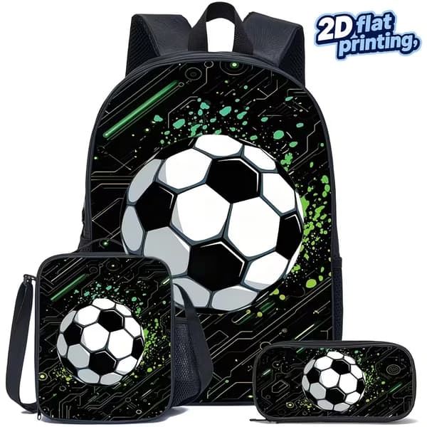 Fodboldrygsæk 3 dele sæt, stor kapacitet, trykt design til teenager 41.91cm Green
