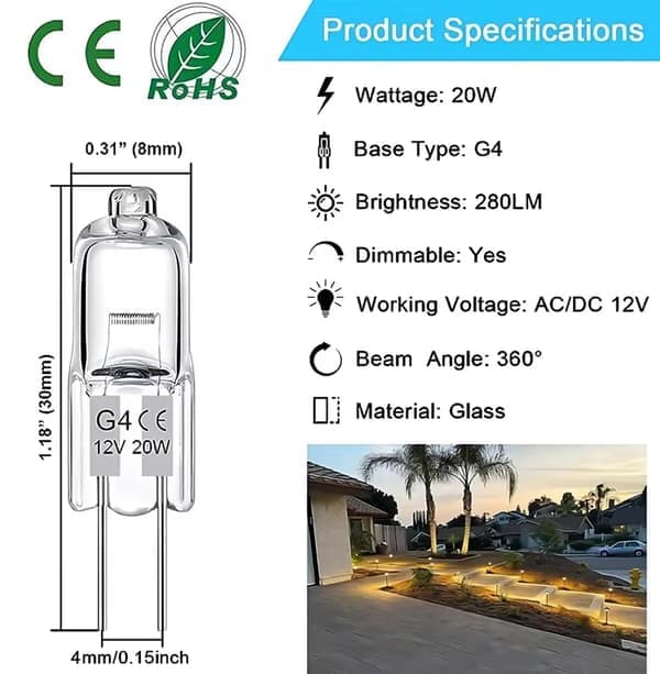 10-pakning G4 halogenpærer 20W 12V - Varmhvit-FX-