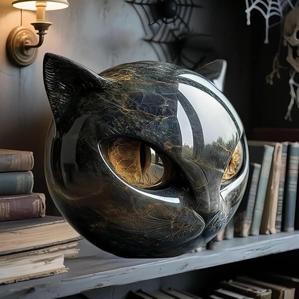 Elegant Sort Kattehoved Skulptur - Harpiks Stenfigur til Boligindretning-FX-