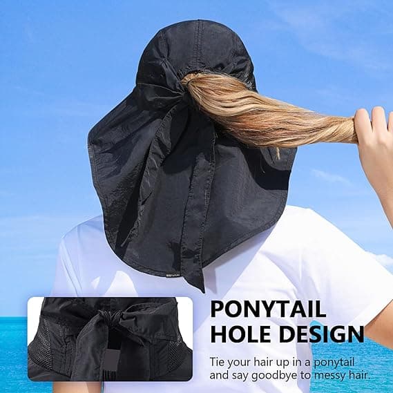 Dam solhatt UV-skydd bred brätte fiskehatt med hästsvanshål nackskydd-FX- Black