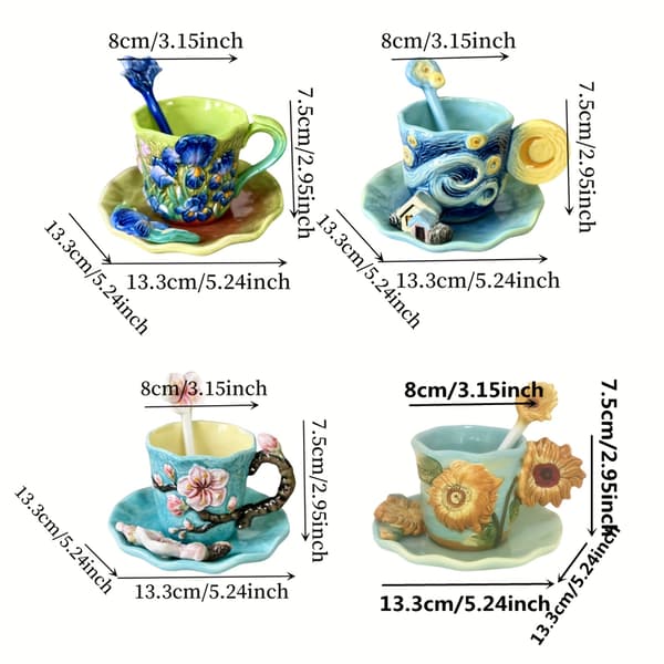 Handmålad kaffekopp och fat i keramik med Van Gogh-konst och blommig sked Iris