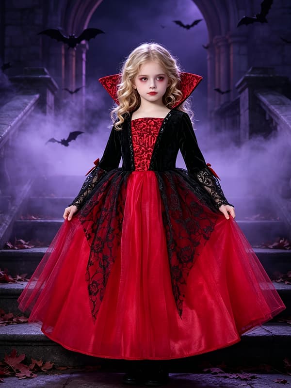 Flickors vampyrprinsessklänning gotisk spets-tutu Halloween rollspelsfestdräkt 4-5Y Burgundy