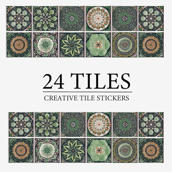 24 pcs Tile Decals 10x10 cm Mandala Style Tile Stickers Peel and Stick Tile Decor Removable Self-Adhesive Square Wall Decals, Tile Wallpaper-FX-