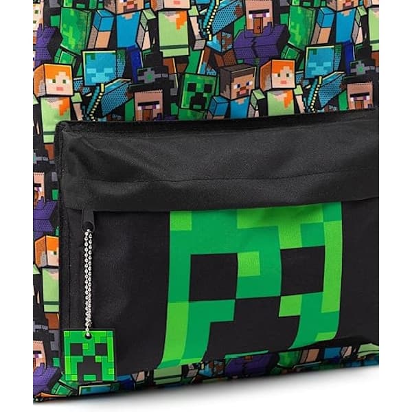 Minecraft Rygsæk til Drenge | Sort Skoletaske til Børn | Grøn Creeper Zombie Skelet Enderman & Hulespindel-FX-