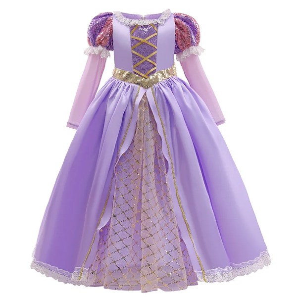 Rapunzelklänning för flickor, utklädningsklänning, fantasy, barnkalas, prinsesskostym, barn, halloween, lila paljetter, nätkläder Rapunzel C‘-UU- Rapunzel C 5-6T(Tag130)