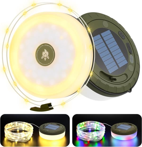 2-in-1 Solar Powered Camping Lantern with 10m Retractable String Lights, USB Rechargeable 8 Modes, For Tent Hiking Patio, Army Green White-FX-