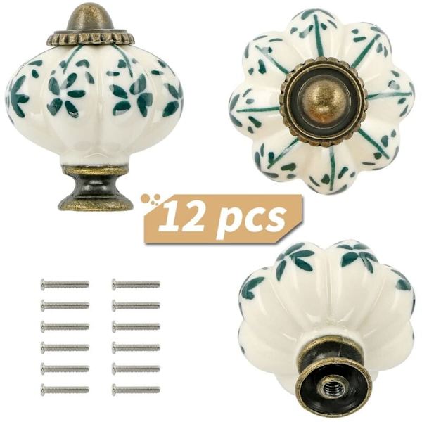 12-pack Ivory & Green Ceramic Knobs - Retro Pumpkin Drawer Pulls for Cabinets & Dressers-FX-