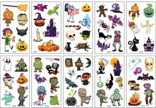 Midlertidige Halloween-tatoveringer til børn - græskar, edderkopper og kranier-FX-