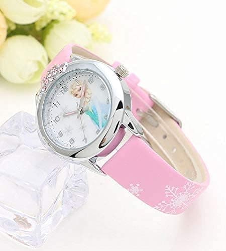 Frostad rosa läderarmbandsklocka för flickor, kompatibel med Elsa-FX-