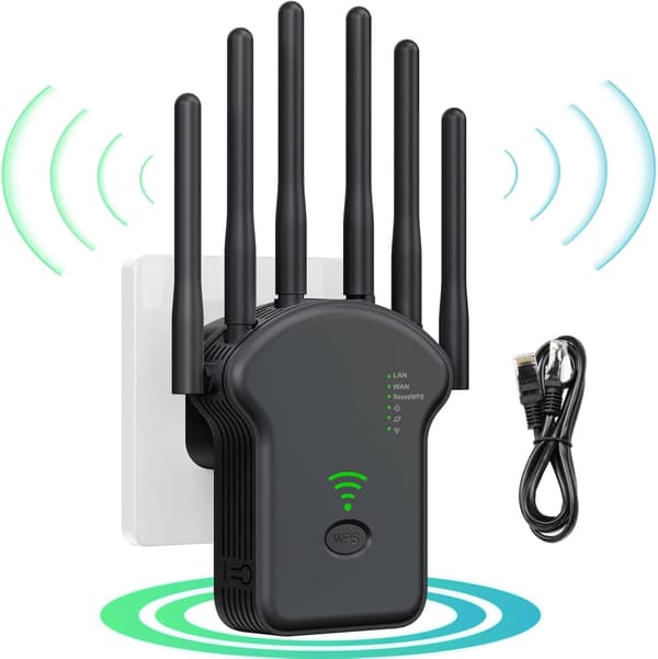 WiFi Extender 1200 Mbps with 6 Antennas for Wider Coverage, Easy Setup WiFi Repeater, Includes Ethernet Cable, Black-FX-