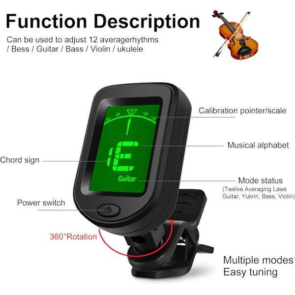 Digital Clip-On Gitarrstämmare med LCD för Akustisk, Elektrisk, Bas & Ukulele-FX-