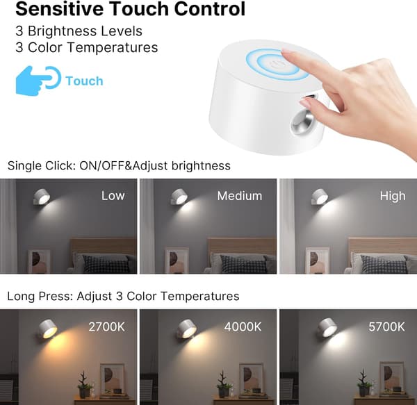 Trådløs vegglampe med USB-lading, 360° rotasjon og berøringskontroll