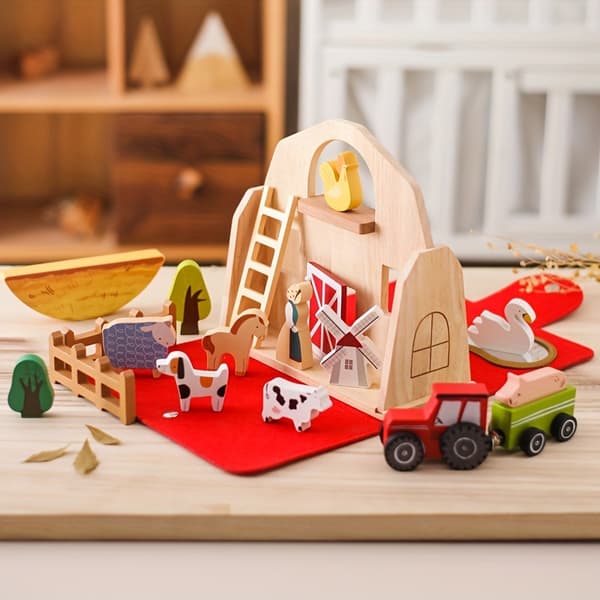 Christmas Toy for Babies: Wooden Farm Animal Block House, Fun Stacking for Early Cognitive Development-FX-