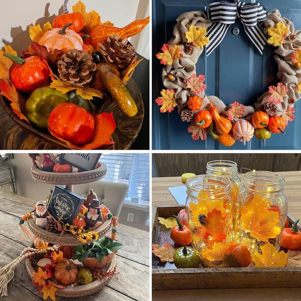 Sæt med kunstige græskar og efterårsblade til borddekoration til efterår og Thanksgiving