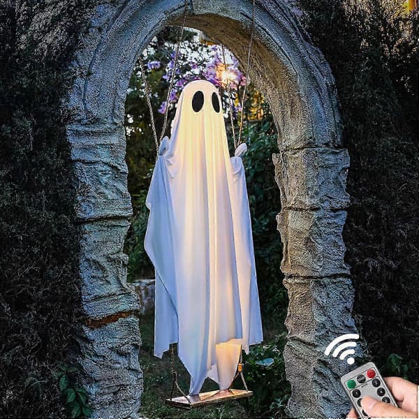 Stor hængende svingende spøgelse Halloween-dekoration med LED-lys til haven
