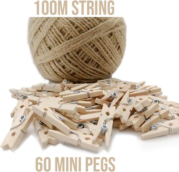 60 Mini Treplugger + 100m Garn, Mini Plugg for Dekor, DIY Dekor, Mini Treklips, Små Klesklyper for DIY Håndverk, Bryllup-FX-