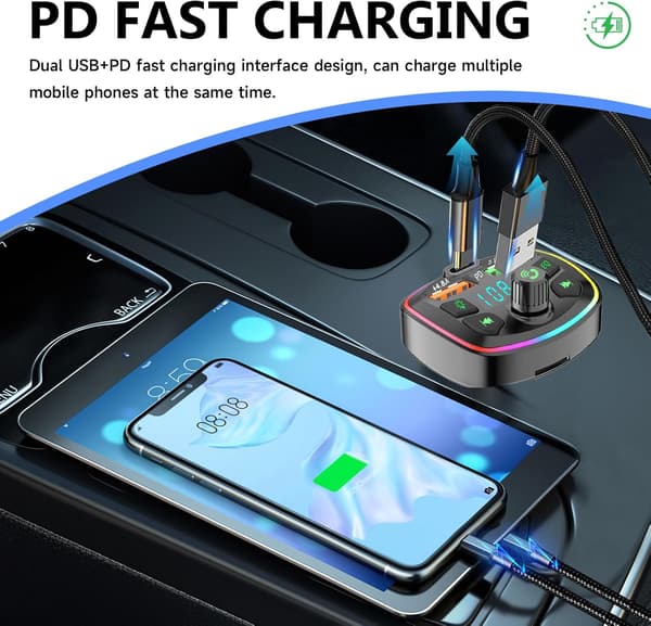 Bluetooth 5.0 bil FM-sender med håndfri opkald, 18W PD & QC3.0 USB-C oplader-FX-