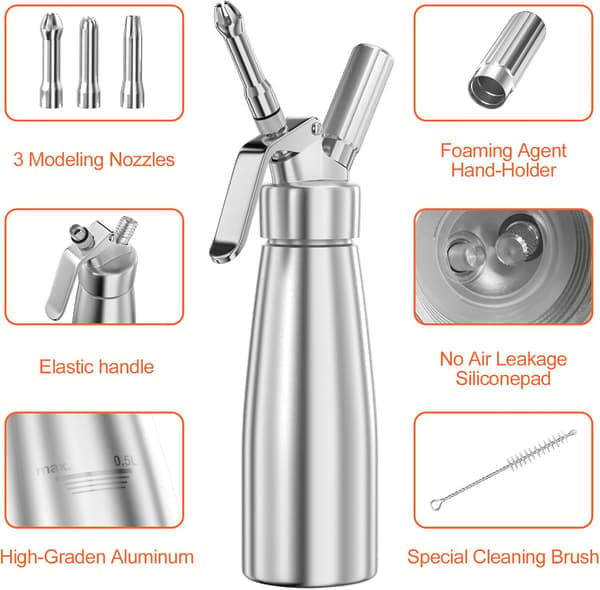 500 ml aluminium flødesifon med 3 dyser i rustfrit stål og rengøringsbørste, lækagesikker-FX-