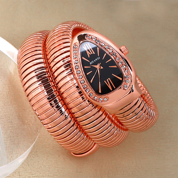 Ormklocka, mode armbandsklocka för kvinnor, kreativ kvartsklocka roséguld, svart urtavla