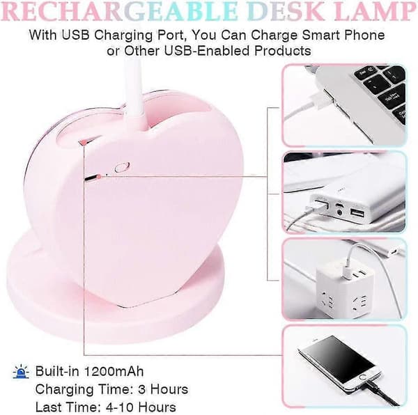 Dimbar LED-bordlampe for barn med USB-lading og pennholder, rosa-FX-