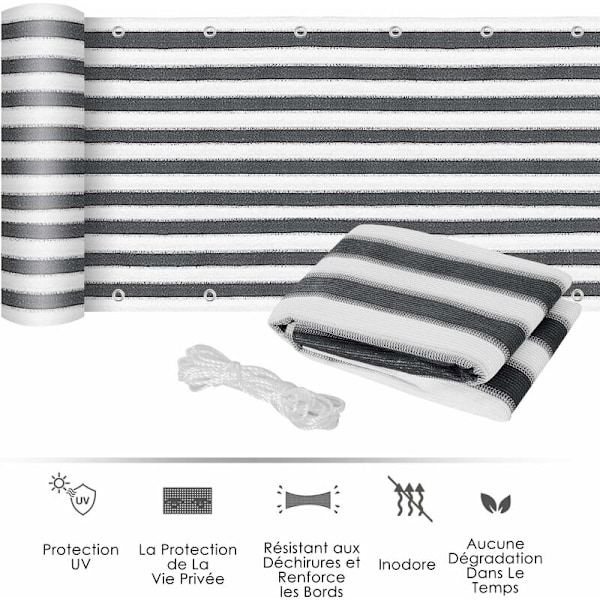 Parvekeverkko 100% HDPE 200g/m2 UV-suoja Repäisynkestävä ja tuulenpitävä Näkösuoja nippusiteillä ja naruilla 500x90cm Harmaa Valkoinen