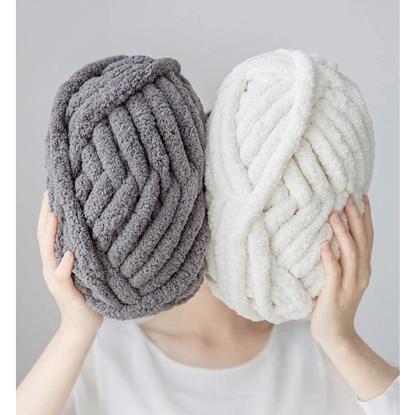 2 st Chunky Stickad Chenille Garn för Hand Stickning Filtar, Super Mjuk Stor Jumbo Filt Garn (Beige)