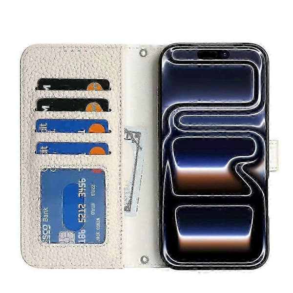 Kompatibel för iPhone 17 Pro Stativfodral Litchi Textur Äkta Koläder Plånbok Telefonfodral RFID-FX-