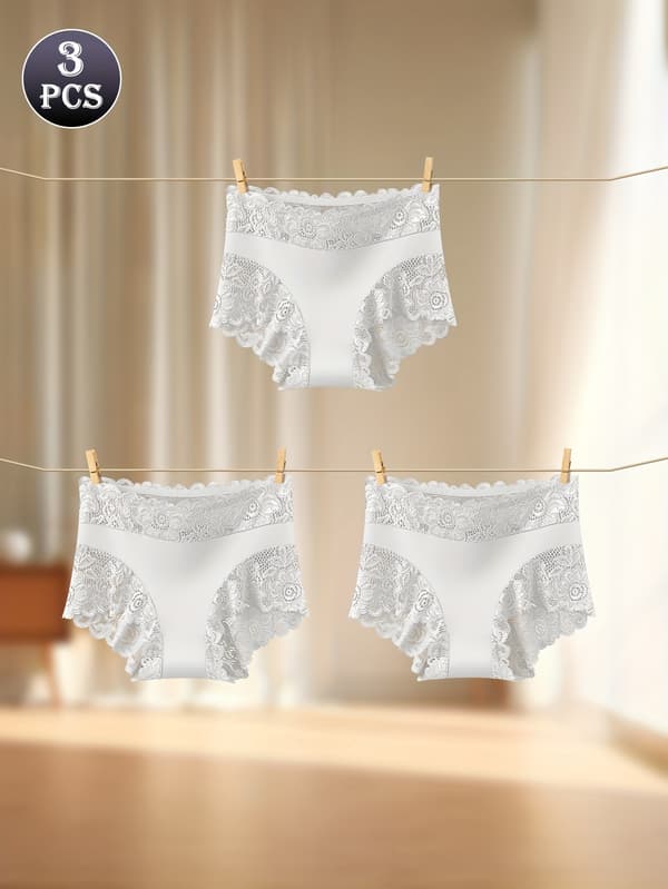 3 stk. solide høytlivs truser med blonde-panel for kvinner M White